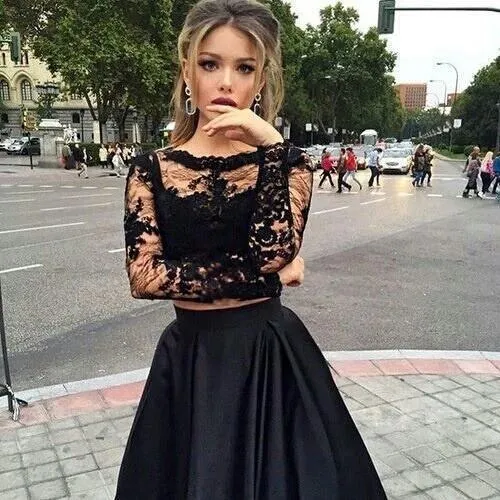 Bateau Neck Two Piece Long Sleeves Lace Evening Dress Prom Dresses PG319