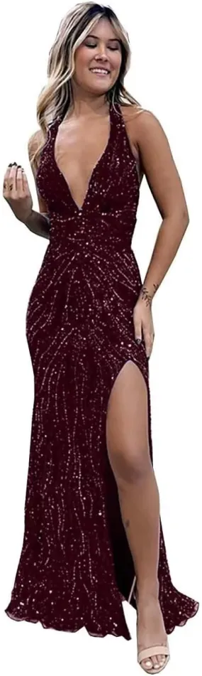 Beaded Evening Gown Deep V-Neck Mermaid Prom Dresses High Split Halter Formal Dress Sleeveless Bodycon Trumpet JS0011