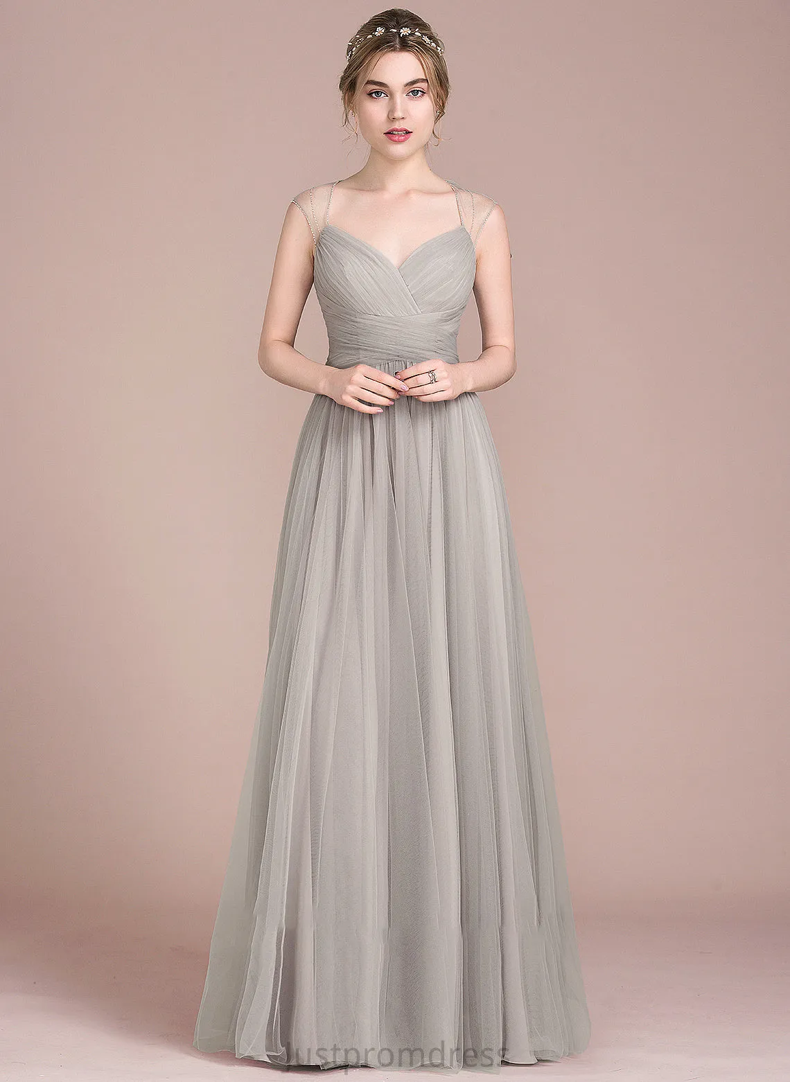 Beading Tulle Prom Dresses Floor-Length V-neck Ball-Gown/Princess Ruffle With Skyla