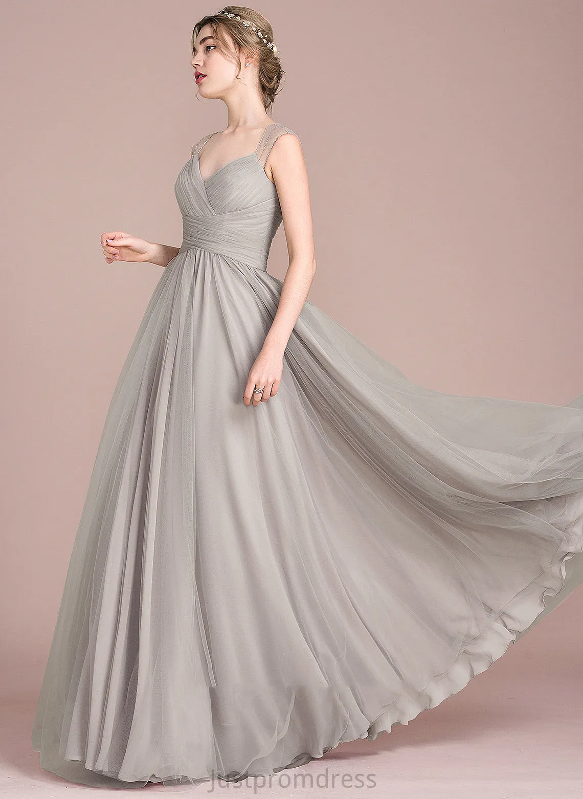 Beading Tulle Prom Dresses Floor-Length V-neck Ball-Gown/Princess Ruffle With Skyla