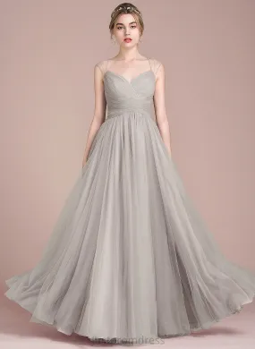 Beading Tulle Prom Dresses Floor-Length V-neck Ball-Gown/Princess Ruffle With Skyla