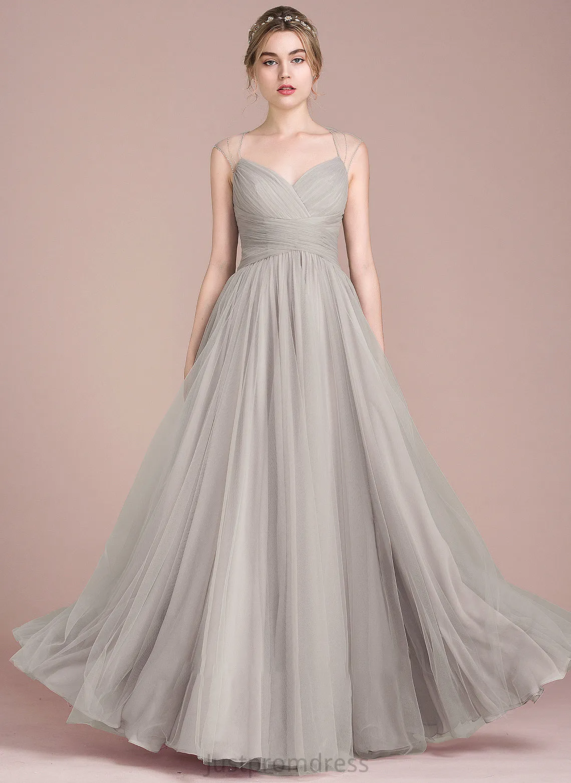 Beading Tulle Prom Dresses Floor-Length V-neck Ball-Gown/Princess Ruffle With Skyla