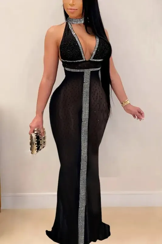 Best of The Sea Rhinestone Halter-Neck Fishtail Maxi Dress