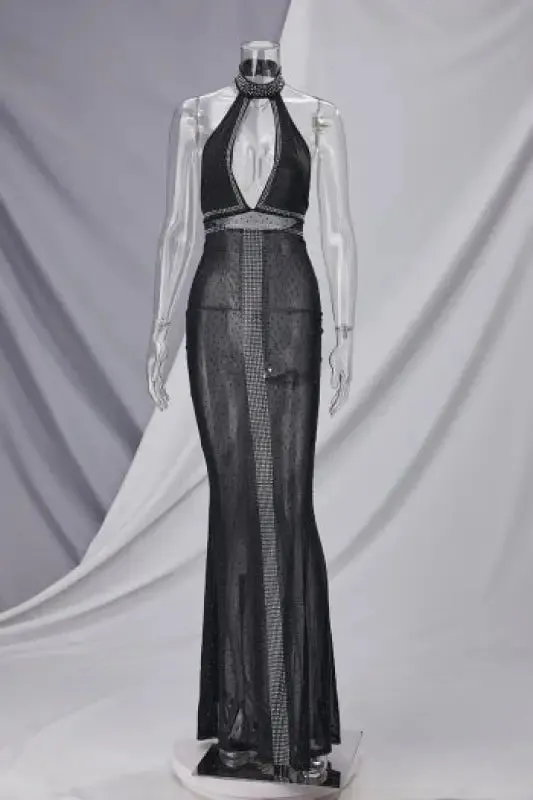Best of The Sea Rhinestone Halter-Neck Fishtail Maxi Dress