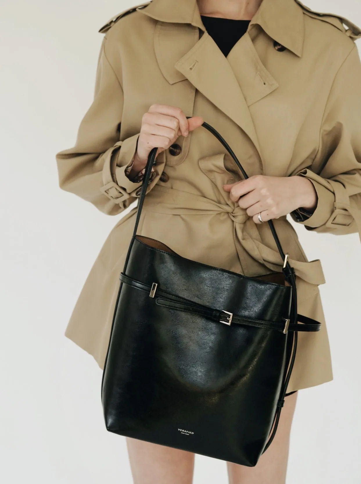 Black Belted Leather Tote Bag