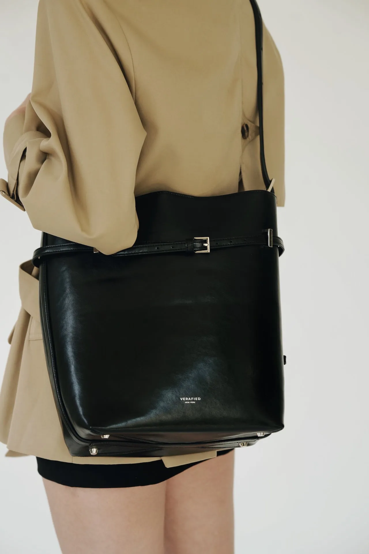 Black Belted Leather Tote Bag
