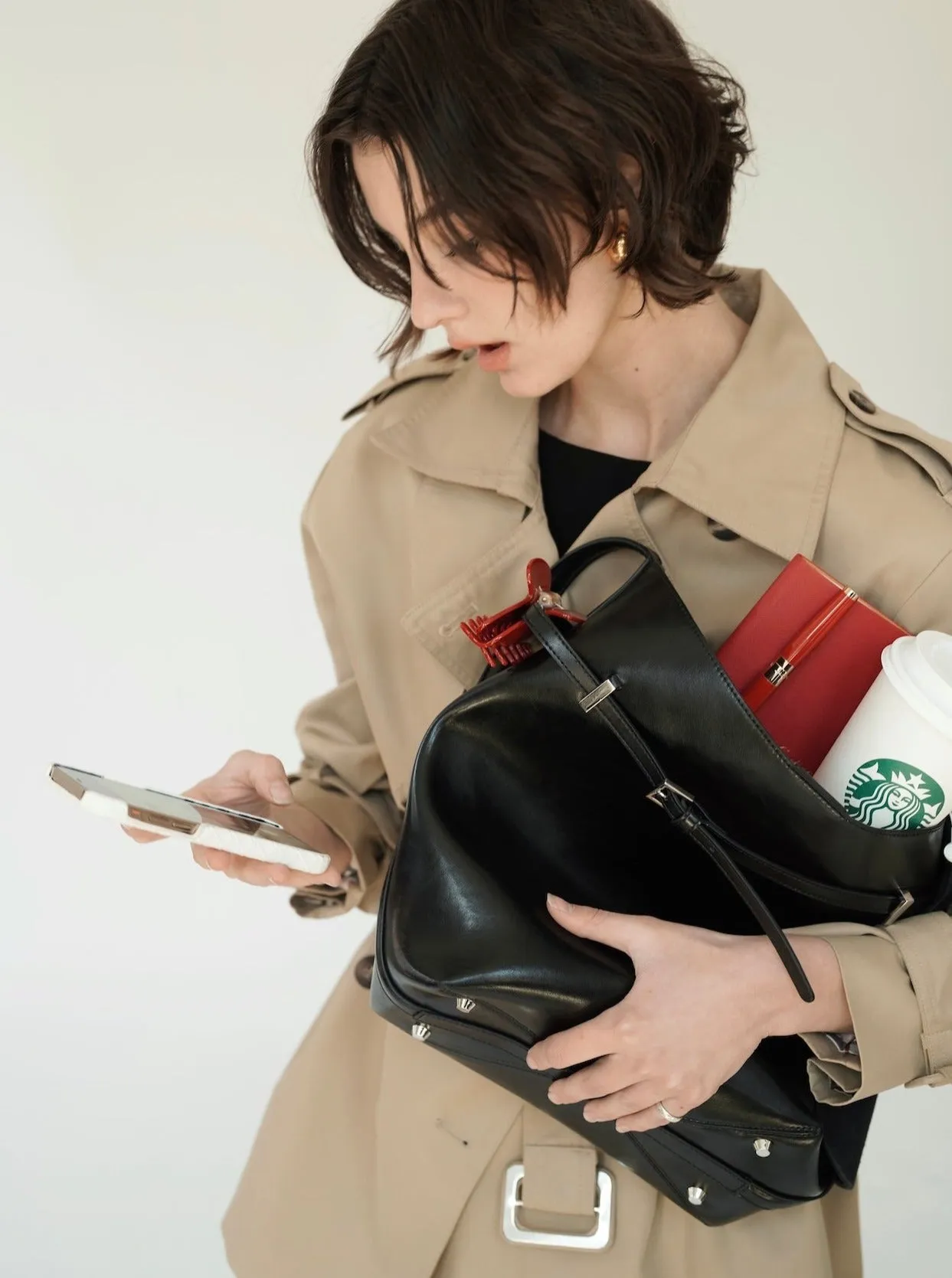 Black Belted Leather Tote Bag