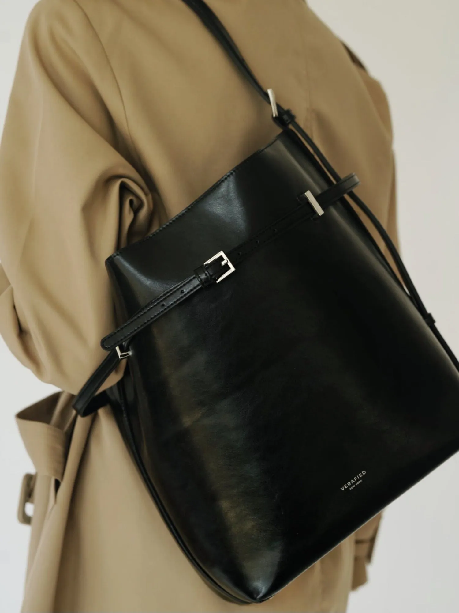 Black Belted Leather Tote Bag