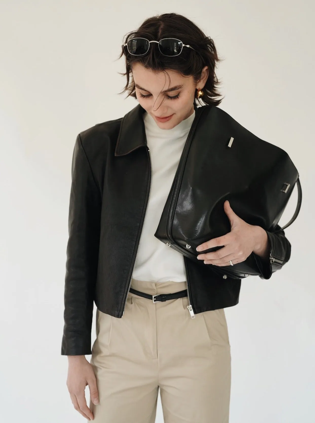 Black Belted Leather Tote Bag