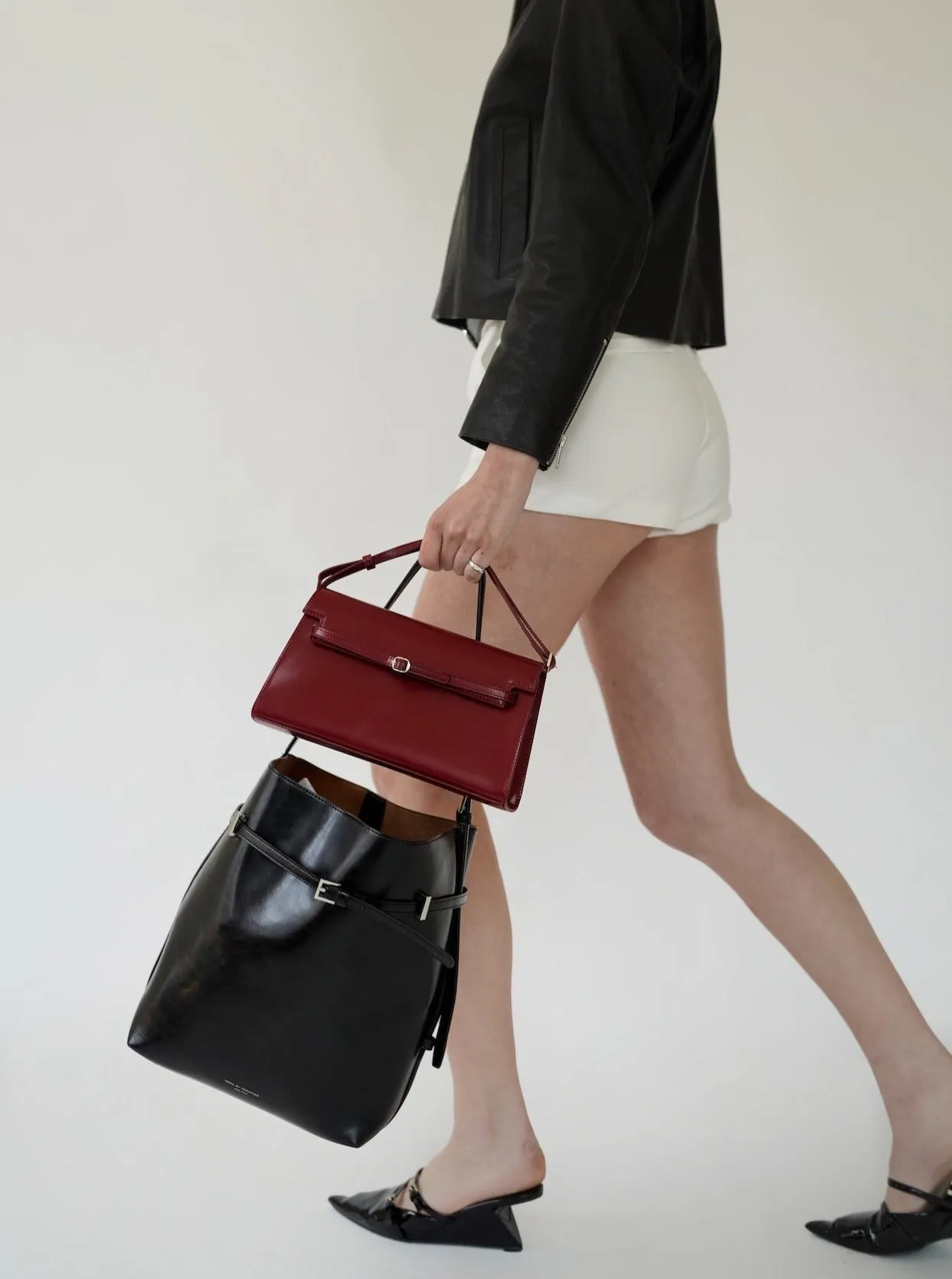 Black Belted Leather Tote Bag