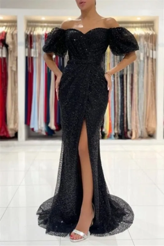 Black Glitter Evening Dresses Prom dresses with sleeves