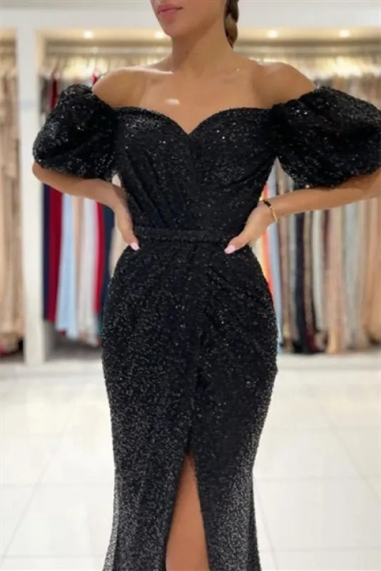 Black Glitter Evening Dresses Prom dresses with sleeves