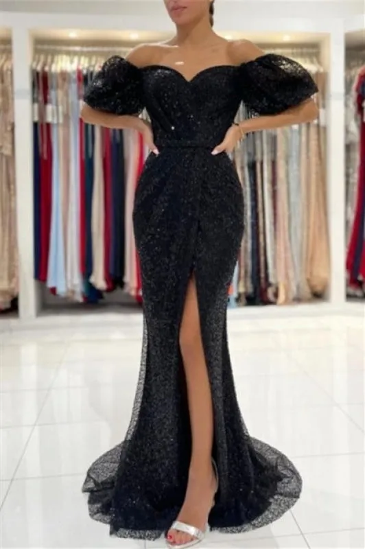 Black Glitter Evening Dresses Prom dresses with sleeves