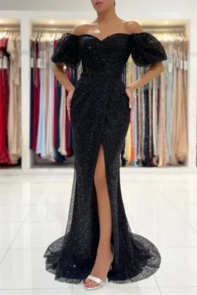 Black Glitter Evening Dresses Prom dresses with sleeves