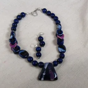 Blue & Purple Handmade Kazuri Bead Necklace & Earrings