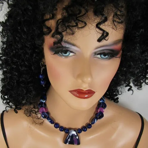 Blue & Purple Handmade Kazuri Bead Necklace & Earrings
