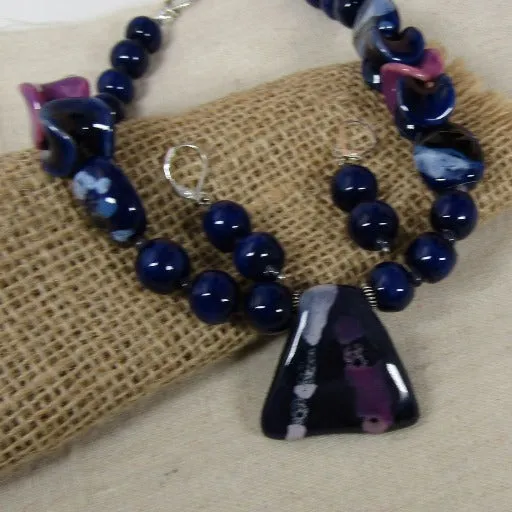 Blue & Purple Handmade Kazuri Bead Necklace & Earrings