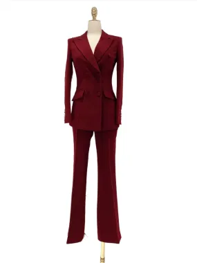 Burgundy Women Pant Suit - Double-Breasted Slim Fit Trouser Suit