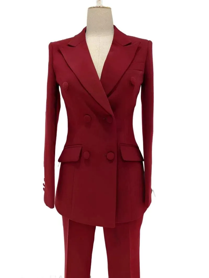 Burgundy Women Pant Suit - Double-Breasted Slim Fit Trouser Suit