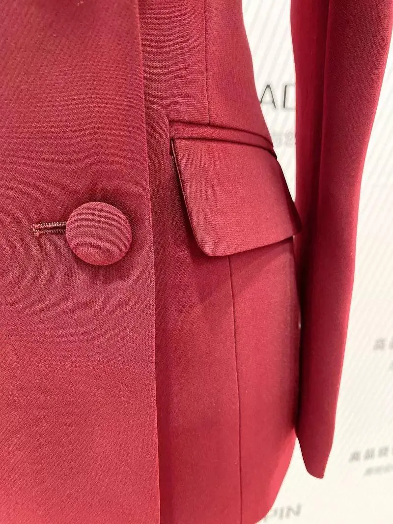 Burgundy Women Pant Suit - Double-Breasted Slim Fit Trouser Suit