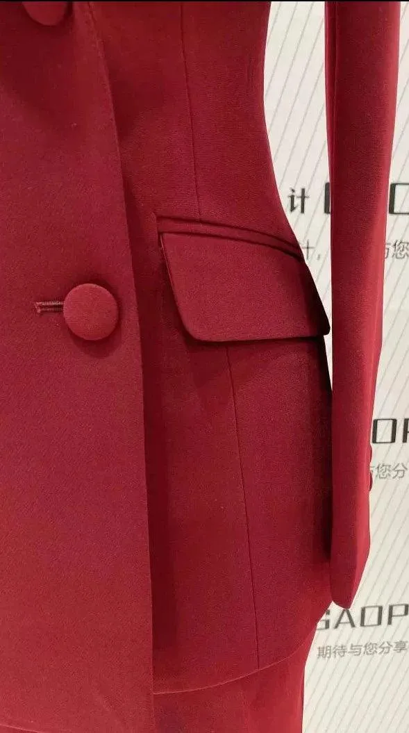 Burgundy Women Pant Suit - Double-Breasted Slim Fit Trouser Suit