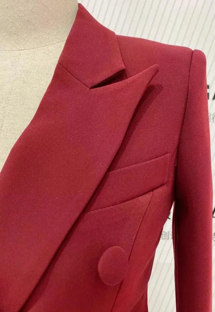 Burgundy Women Pant Suit - Double-Breasted Slim Fit Trouser Suit