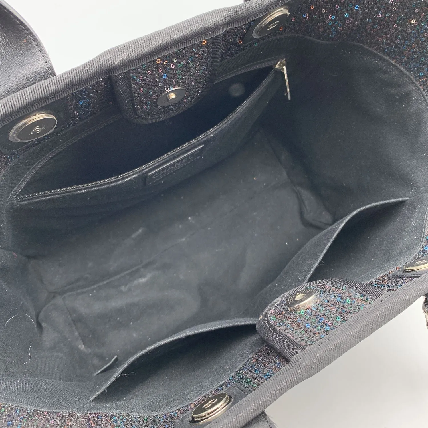 CHANEL Black Sequin Sparkle Canvas Medium Deauville Tote Bag