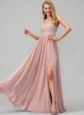 Chiffon A-Line Front Split Floor-Length Sequins Prom Dresses With Beading V-neck Angeline