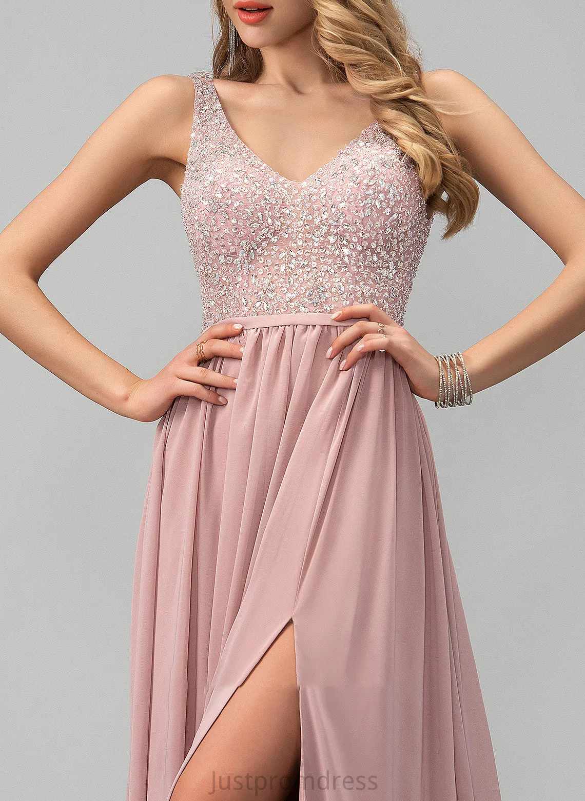 Chiffon A-Line Front Split Floor-Length Sequins Prom Dresses With Beading V-neck Angeline