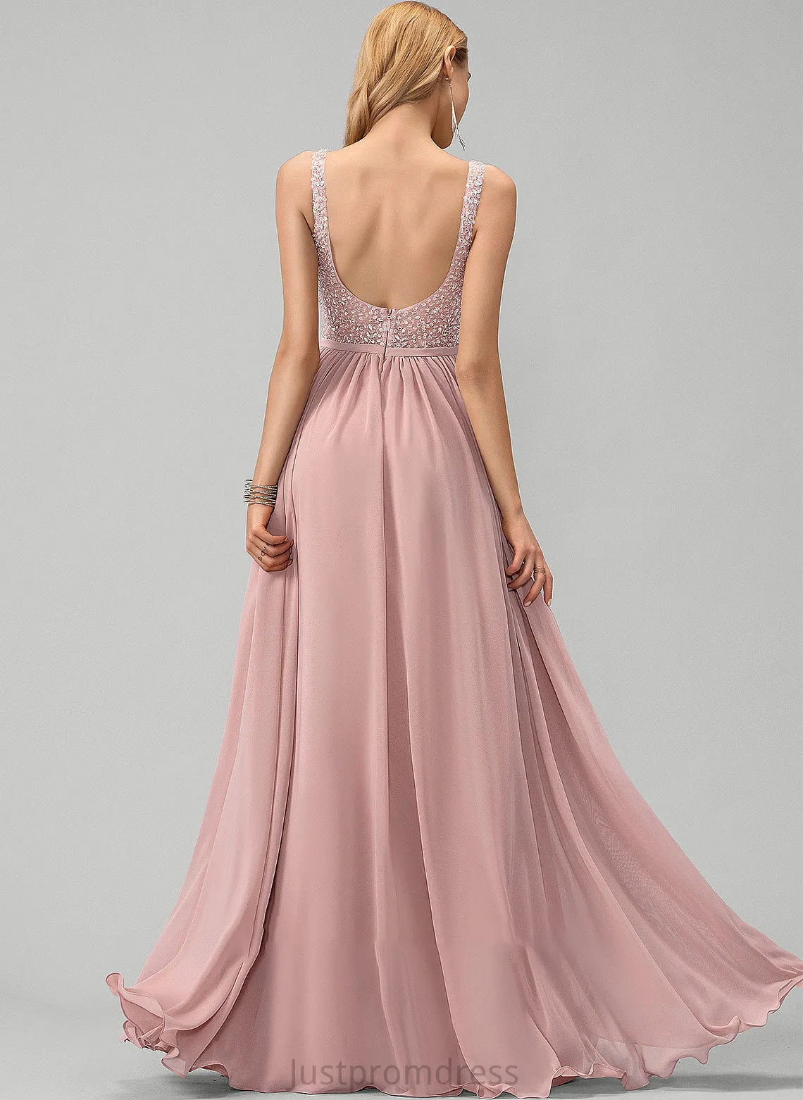 Chiffon A-Line Front Split Floor-Length Sequins Prom Dresses With Beading V-neck Angeline