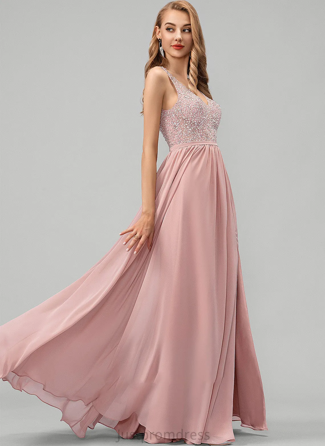 Chiffon A-Line Front Split Floor-Length Sequins Prom Dresses With Beading V-neck Angeline