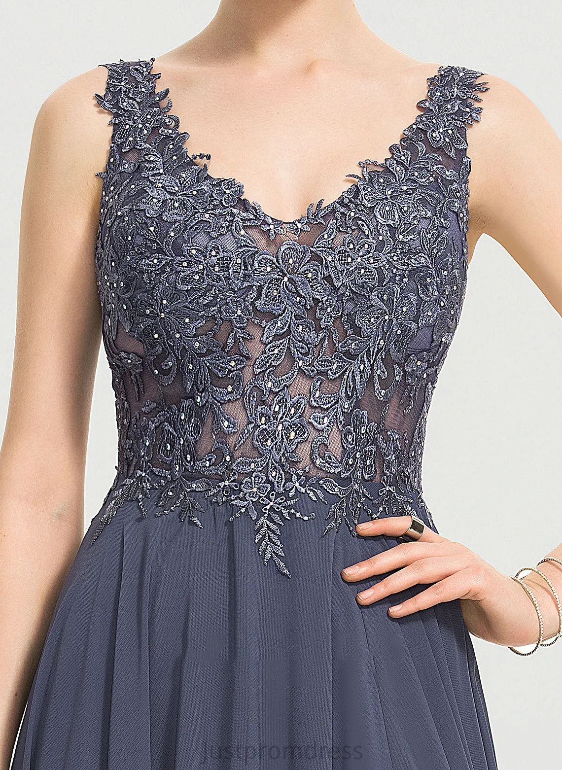 Chiffon V-neck Front Sequins Split With Floor-Length A-Line Prom Dresses Beading Christine