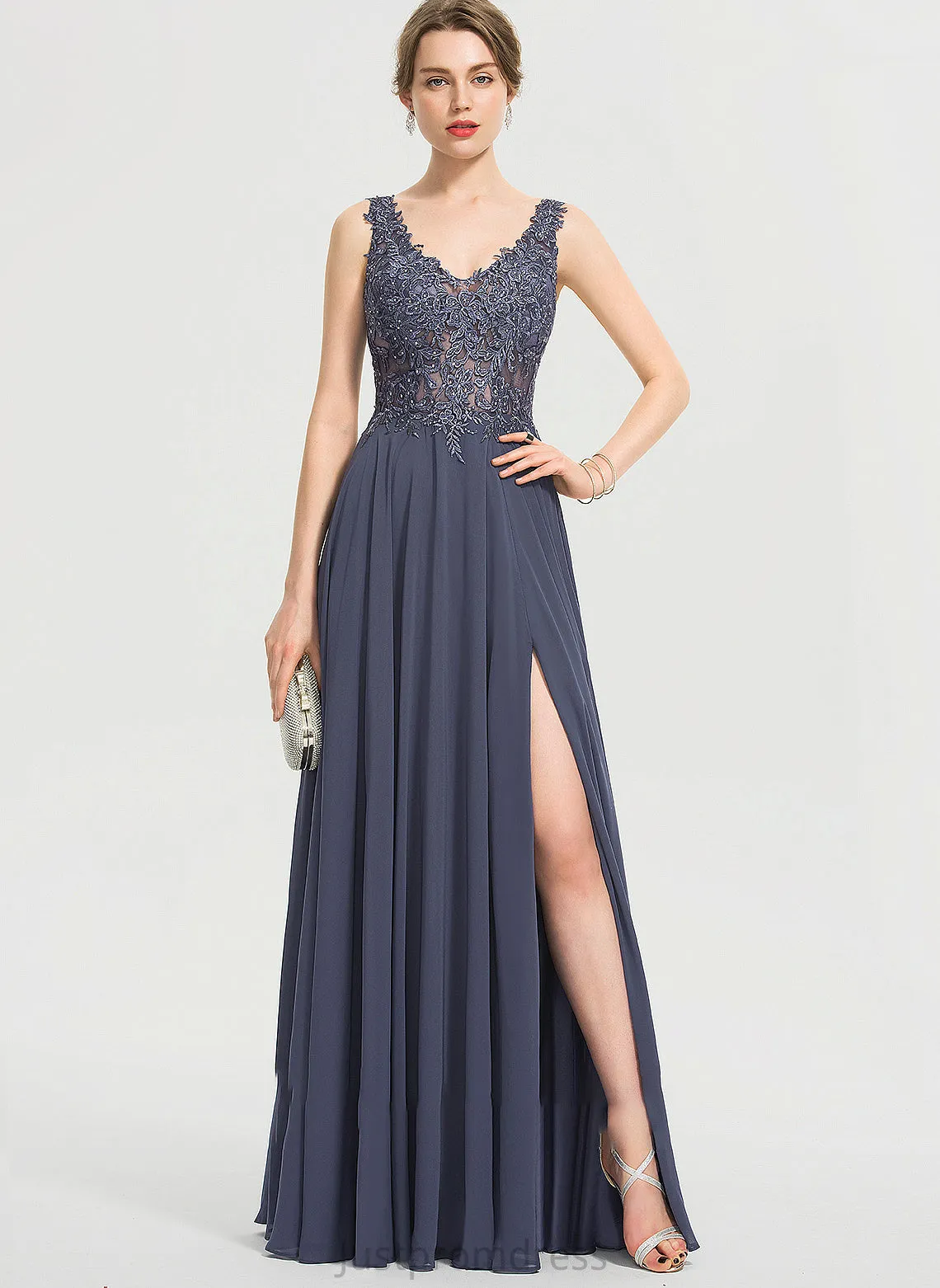 Chiffon V-neck Front Sequins Split With Floor-Length A-Line Prom Dresses Beading Christine