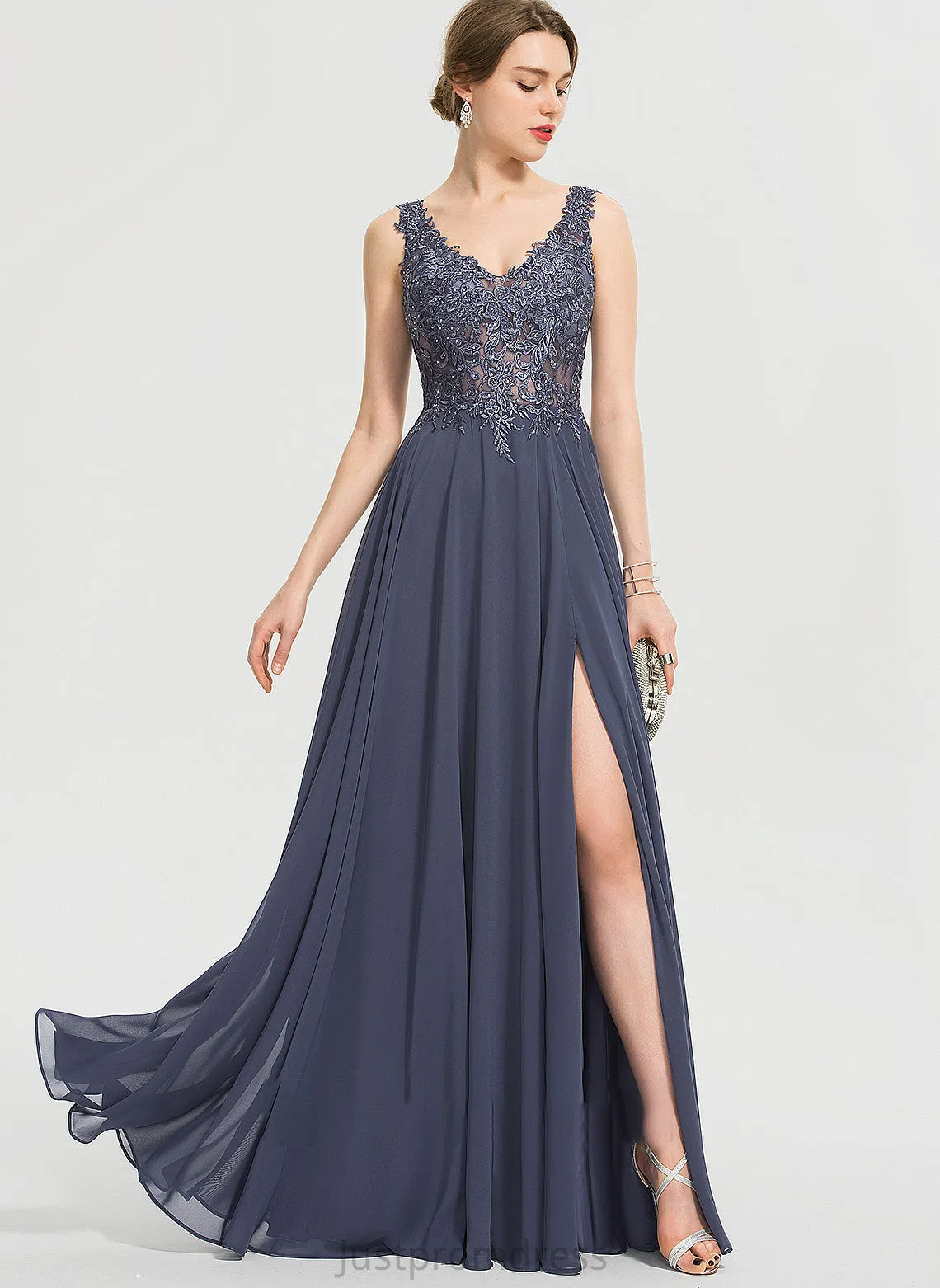 Chiffon V-neck Front Sequins Split With Floor-Length A-Line Prom Dresses Beading Christine