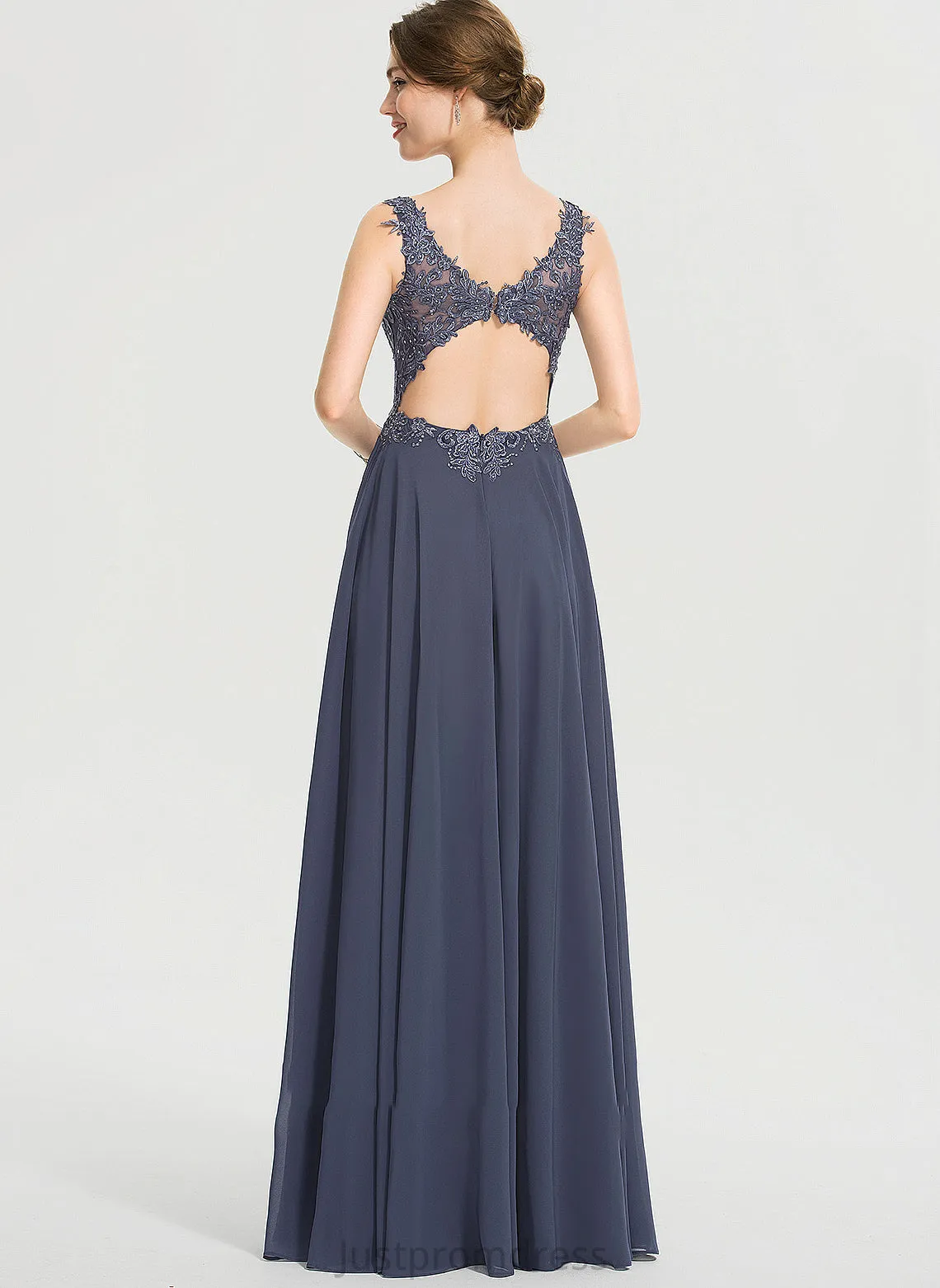 Chiffon V-neck Front Sequins Split With Floor-Length A-Line Prom Dresses Beading Christine