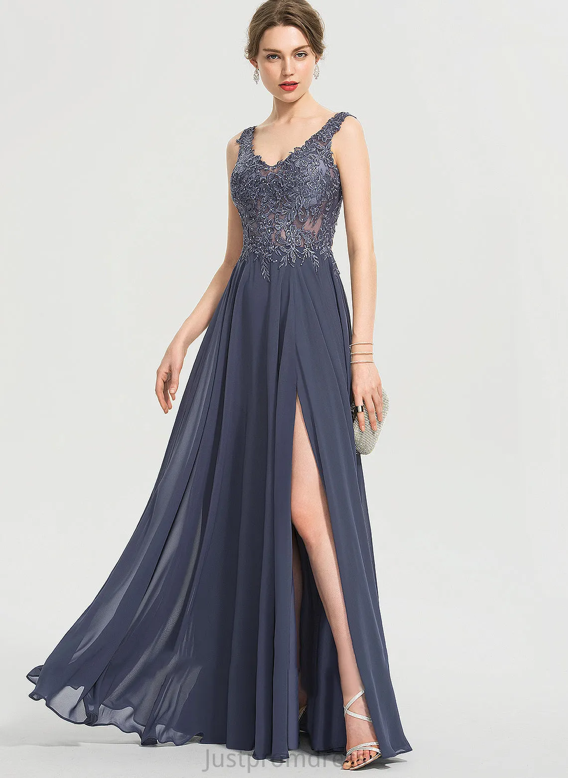 Chiffon V-neck Front Sequins Split With Floor-Length A-Line Prom Dresses Beading Christine
