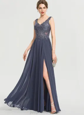 Chiffon V-neck Front Sequins Split With Floor-Length A-Line Prom Dresses Beading Christine