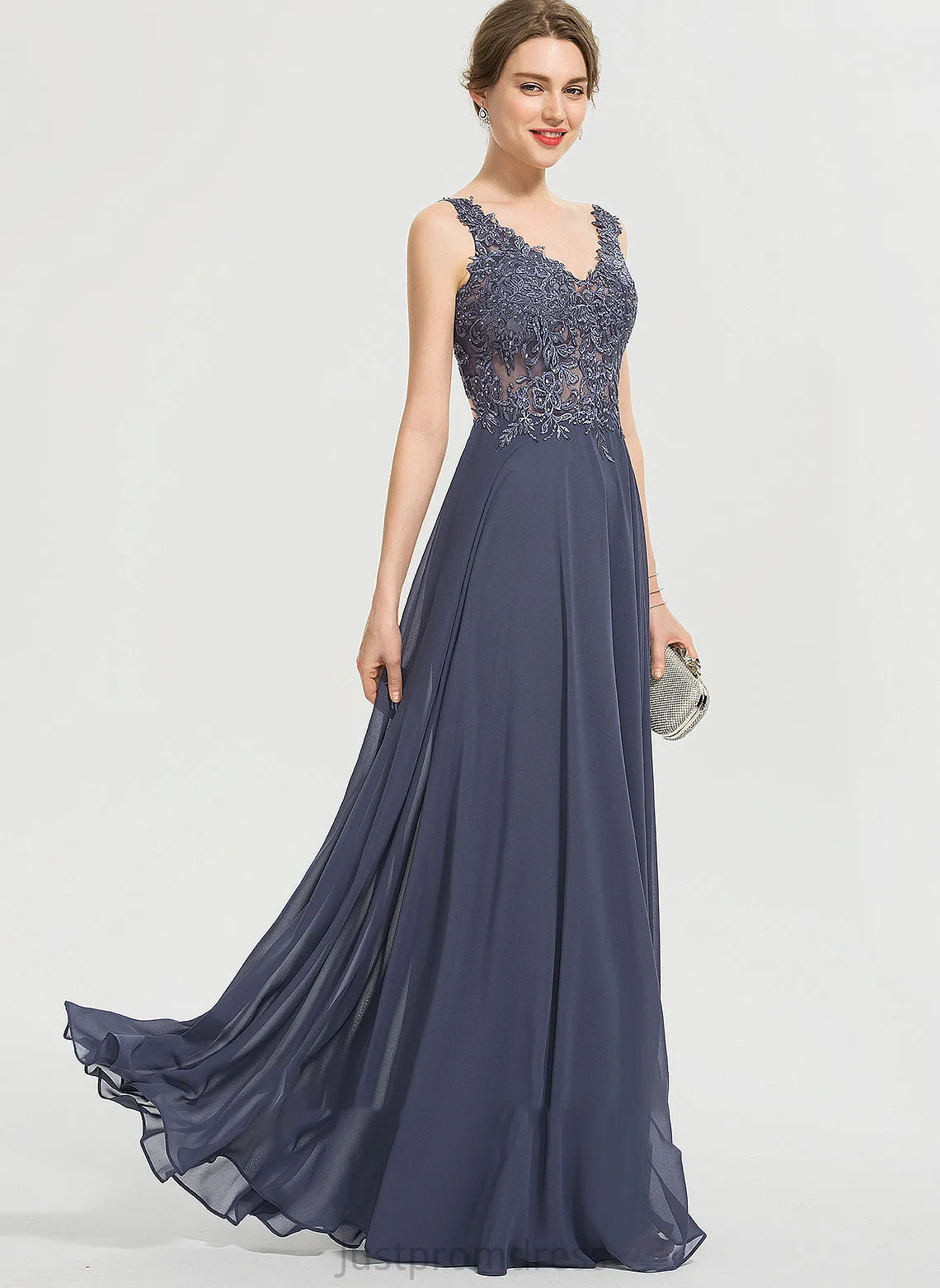 Chiffon V-neck Front Sequins Split With Floor-Length A-Line Prom Dresses Beading Christine