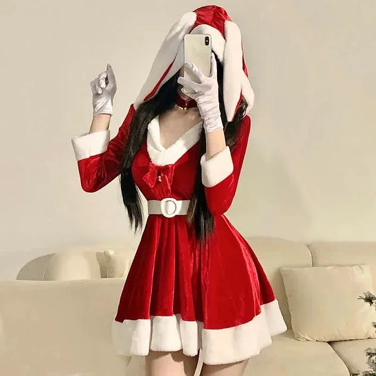 Christmas Bunny Ears Bow Knot Hooded Dress Set