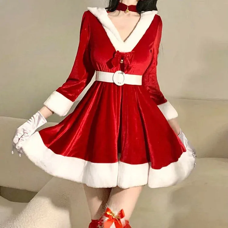Christmas Bunny Ears Bow Knot Hooded Dress Set