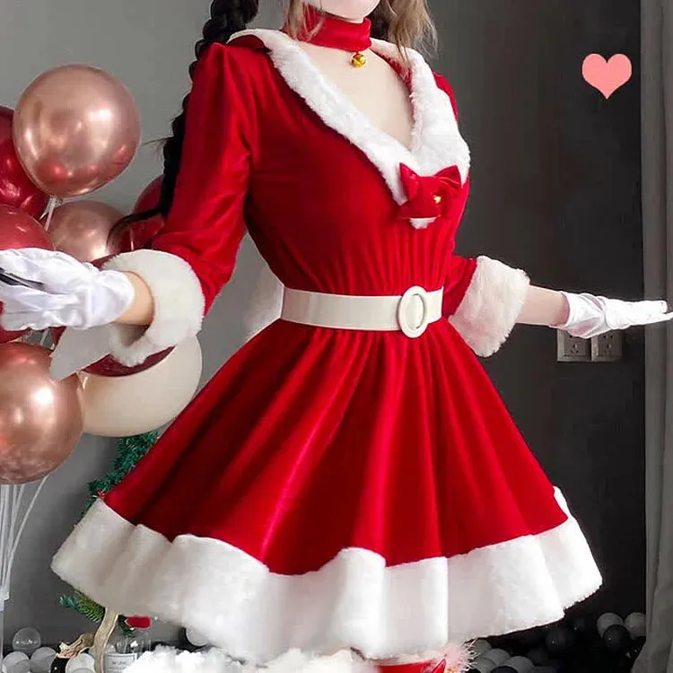Christmas Bunny Ears Bow Knot Hooded Dress Set