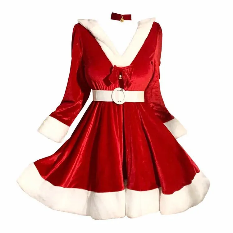 Christmas Bunny Ears Bow Knot Hooded Dress Set