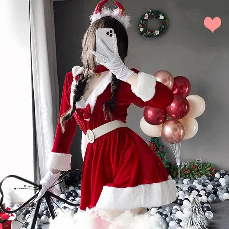 Christmas Bunny Ears Bow Knot Hooded Dress Set