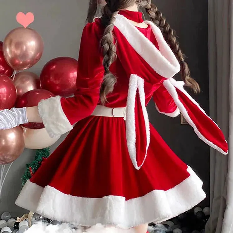 Christmas Bunny Ears Bow Knot Hooded Dress Set