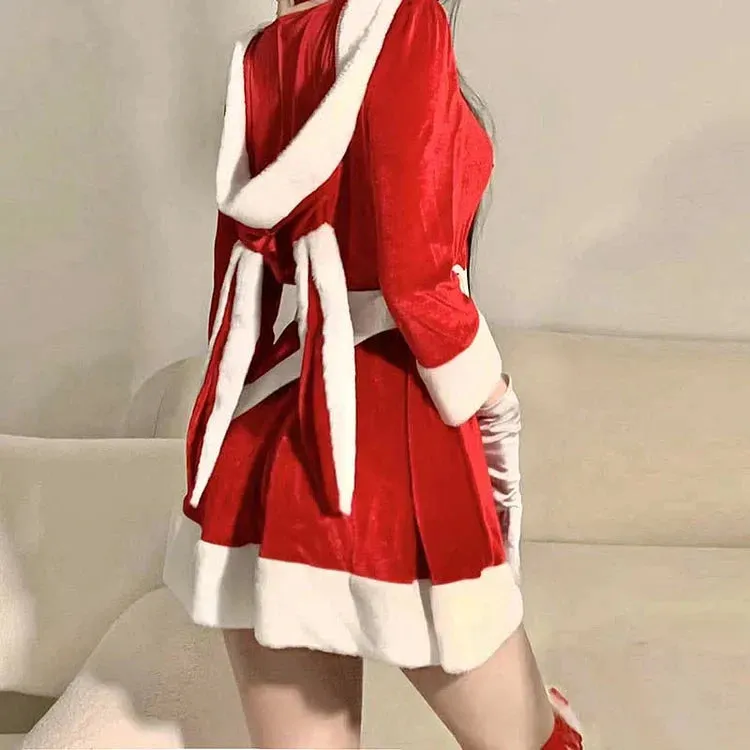 Christmas Bunny Ears Bow Knot Hooded Dress Set