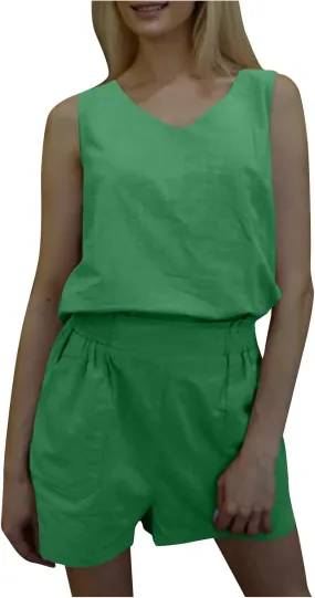 Cotton Linen Short Sets for Women Two Piece Summer Outfits Sleeveless Tank Tops Elastic Waist Shorts Lounge Set