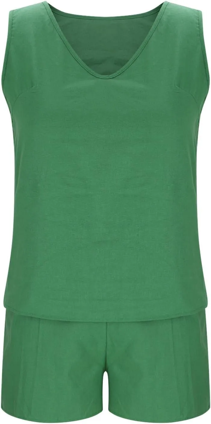 Cotton Linen Short Sets for Women Two Piece Summer Outfits Sleeveless Tank Tops Elastic Waist Shorts Lounge Set