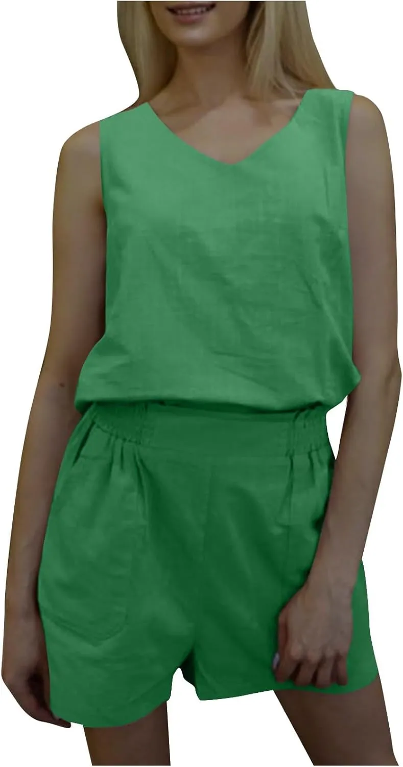 Cotton Linen Short Sets for Women Two Piece Summer Outfits Sleeveless Tank Tops Elastic Waist Shorts Lounge Set