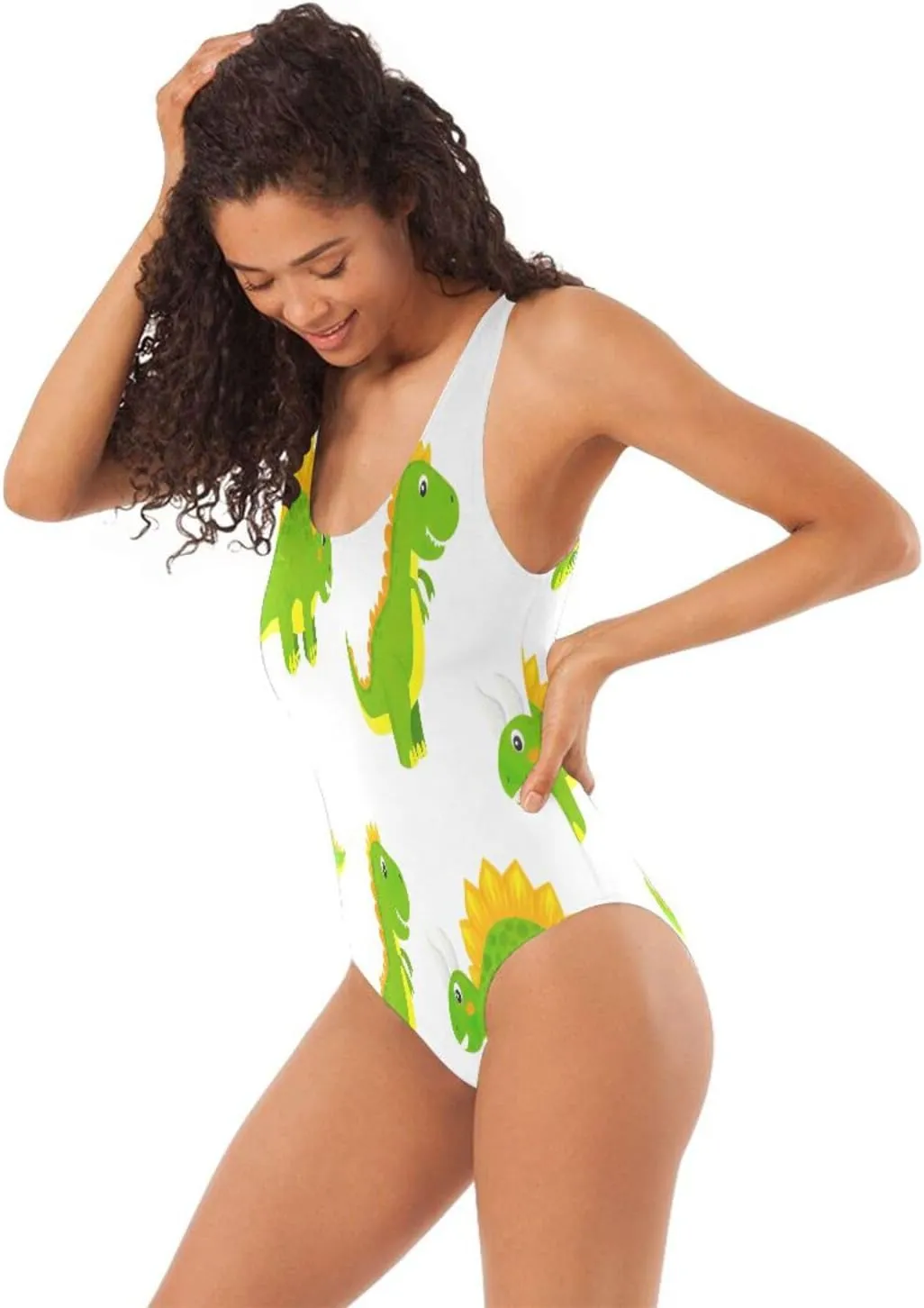 Cute Green Dino Ladies Bathing Suits One-Piece, Open Back Bathing Suits for Women, Sexy One-Piece Swimsuit