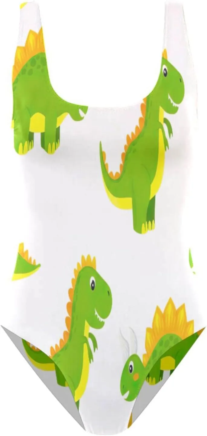 Cute Green Dino Ladies Bathing Suits One-Piece, Open Back Bathing Suits for Women, Sexy One-Piece Swimsuit